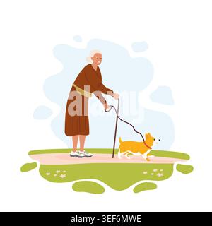 Femme âgée avec canne promène son corgi animal de compagnie le long du chemin. Illustration vectorielle plate pour le propriétaire d'animal de compagnie senior, activité extérieure douce. Illustration de Vecteur