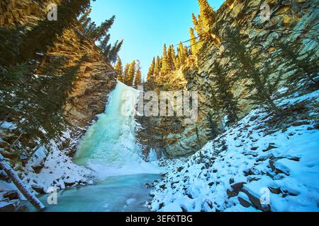 Cascade gelée et canyon enneigé avec arbres Evergreen dans un paysage hivernal Banque D'Images