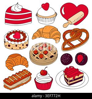 Assortiment de desserts de boulangerie sucrés et de pâtisseries doodle art. Illustration de Vecteur
