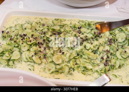 Salade de concombre crémeuse, typique de la cuisine allemande, généralement préparée avec de la crème sure ou du yaourt, de l'aneth et du vinaigre Banque D'Images