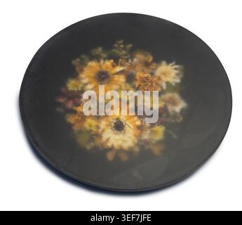 Disque d'art en résine époxy non fini avec des fleurs séchées pendant le processus de ponçage isolé sur fond transparent Banque D'Images