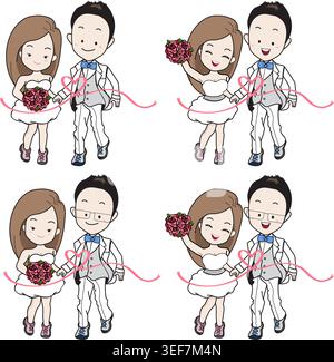 Illustration de bande dessinée d'une mariée et mariée dans quatre poses différentes, isolées. Les deux personnages sont reliés par un ruban rose formant une forme de coeur. Illustration de Vecteur