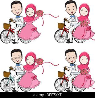Un joyeux couple musulman sur un vélo, mariée dans une belle robe de mariée rose avec des fleurs, marié dans un costume blanc pointu, isolé. Illustration de Vecteur