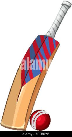 Illustration vectorielle d'une batte de cricket en bois et d'une boule rouge sur fond blanc Illustration de Vecteur