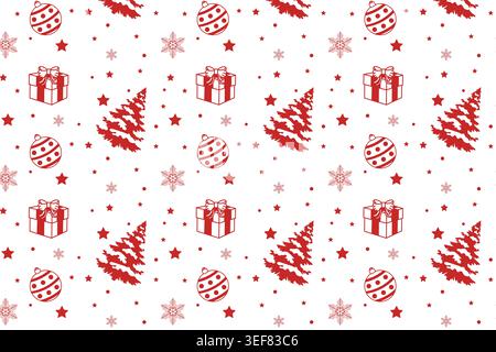 Motif sans couture de Noël rouge et blanc avec arbres de Noël, boules, boîtes cadeaux, étoiles et flocons de neige sur fond blanc, illustration de conception plate Banque D'Images