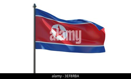 Drapeau de Corée du Nord isolé sur blanc, symbole de signe nord-coréen ondulant sur un mât de drapeau, célébration de fête nationale, rendu 3D. Banque D'Images