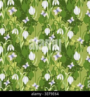 aquarelle fleurs de printemps blanches, primevères, motif sans couture gracieux doux de fleurs légères délicates, papillons volants sur vert foncé, dessinés à la main s Banque D'Images