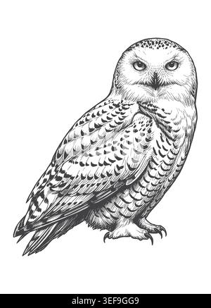 Illustration complexe dessinée à la main d'un hibou des neiges isolé sur un fond Uni. Convient pour les campagnes hivernales de la faune, la conception de vêtements, et rétro gr Illustration de Vecteur