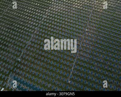 Vue aérienne des rangées de panneaux solaires dans une grande centrale photovoltaïque sur les champs verts Augusta, Sicile, Italie. Banque D'Images