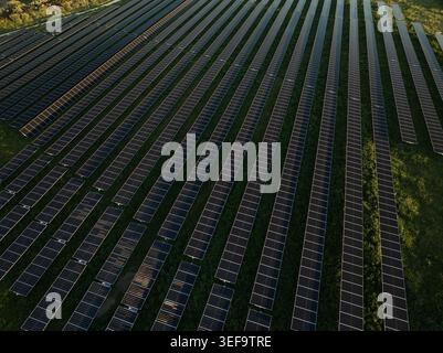 Vue aérienne d'une grande ferme solaire avec des rangées de panneaux photovoltaïques installés sur des champs verts Augusta, Sicile, Italie. Banque D'Images