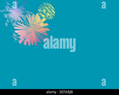Design abstrait coloré sur un fond sarcelle avec plusieurs feux d'artifice stylisés. Ces éléments sont disposés dans le coin supérieur gauche, affichant un Banque D'Images