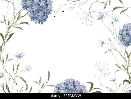 Illustration d'aquarelle de bannière horizontale avec des bleuets botaniques de fleurs sauvages bleues et des hortensias. Cadre rectangulaire avec illustration dessinée à la main Banque D'Images