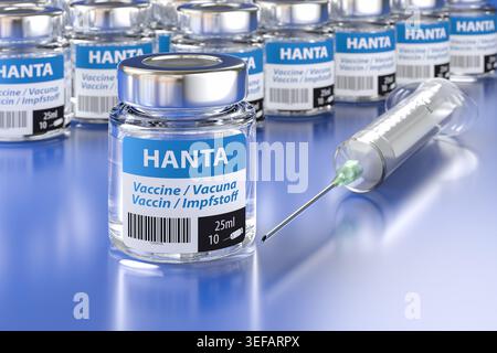 Flacons d'un vaccin fictif contre le virus Hanta. Grand groupe de flacons avec un debout à l'avant et une seringue en plus, mise au point sélective sur le premier plan. Multi Banque D'Images