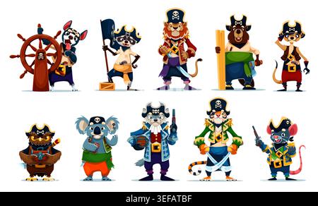 Pirate animal de bande dessinée ou personnages vectoriels de marin corsaire. Tireur de chien, charpentier de castors, capitaine de tigre et skipper de loup. Chouette bateau, chasseur de lion, pirate marin koala et corsaires d'animaux de raton laveur Illustration de Vecteur