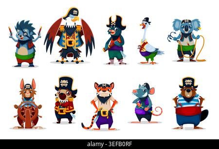 Ensemble de personnages de pirate animal drôle et corsaire de bande dessinée avec hérisson mignon, aigle, tigre, koala et kangourou, rat, souris, chien de carlin, oie et castor, avec des accessoires comme des épées, des cordes et des chapeaux Illustration de Vecteur