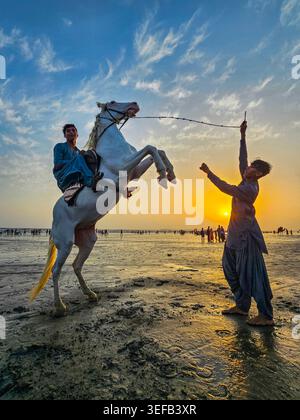L'homme se tient debout avec un cheval à la plage de Clifton pendant le coucher du soleil à Karachi, Pakistan tandis qu'un autre homme tient les rênes Banque D'Images