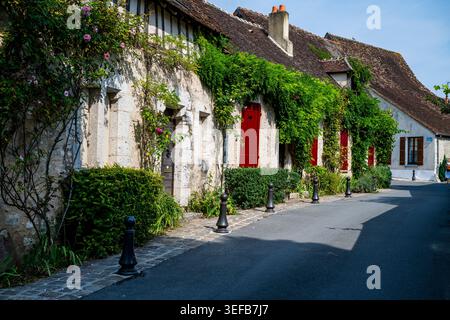 De charmants bâtiments bordent une rue étroite de Provins, avec des fleurs et de la verdure ornant leurs façades Banque D'Images