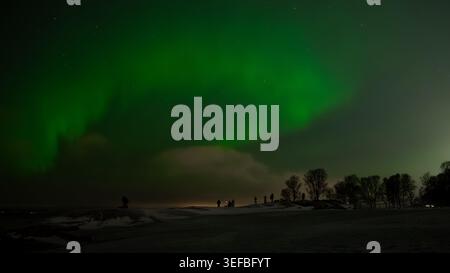 Aurores boréales vertes vives dansant sur les silhouettes de la plage de Telegrafbukta en hiver, Tromsø, Norvège arctique, Scandinavie. Banque D'Images