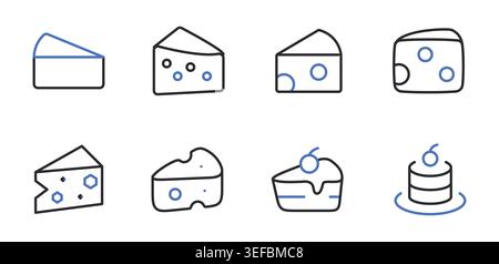Les icônes de fromage et de dessert définissent l'illustration vectorielle modifiable de la ligne de trait. Illustration de Vecteur