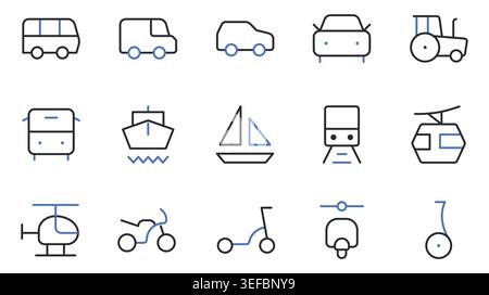 Les icônes de transport et de véhicule définissent une illustration vectorielle de ligne de trait modifiable. Illustration de Vecteur