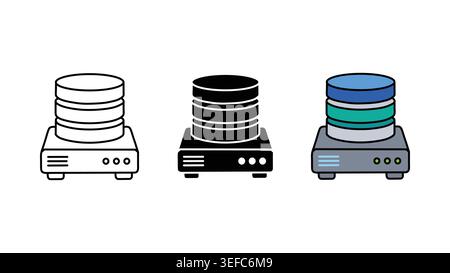 Le serveur de base de données et l'icône de stockage de données définissent une illustration vectorielle solide et colorée Illustration de Vecteur
