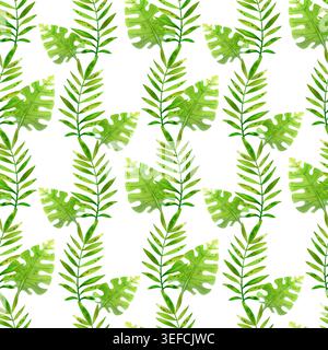 Feuilles de palmier tropical vert et monstera, motif sans couture d'aquarelle d'été brillant dessiné à la main. Plantes exotiques fraîches et vibrantes pour la conception, l'emballage, et Banque D'Images