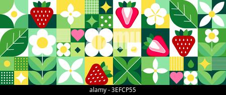 Motif fraise. Baies géométriques modernes, dessert abstrait de géométrie estivale. Simple étiquette de nourriture mignonne. Fleurs, feuilles et formes décoratives. Conception de bannière horizontale botanique. Arrière-plan vectoriel Illustration de Vecteur