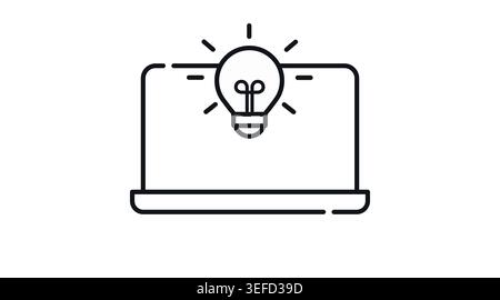 Idée créative d'ordinateur portable et icône d'innovation : ordinateur portable portable avec symbole d'ampoule sur l'écran, vecteur d'art de ligne noire minimaliste. Illustration de Vecteur