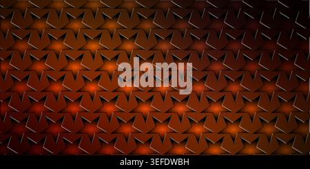 Un motif sans couture d'étoiles à cinq branches disposées dans une grille, avec une texture métallique sombre avec des reflets orange éclatants sur chaque forme d'étoile. Banque D'Images