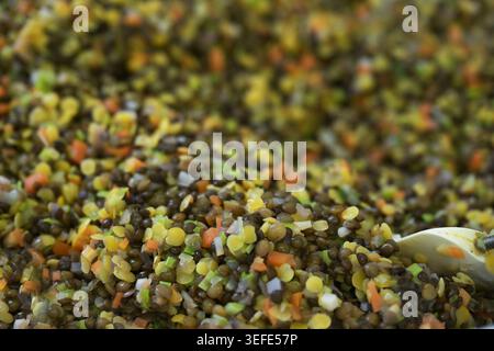 Salade de lentilles à base de différents types de lentilles avec des légumes finement hachés, protéines végétales saines et fibres alimentaires, fond plein cadre, Banque D'Images