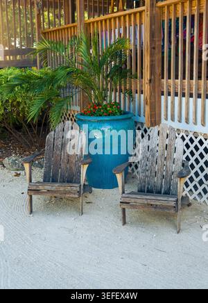 Deux chaises Adirondack classiques en bois naturel reposent sur du sable blanc à côté d'une jardinière en céramique émaillée bleu vif contenant un palmier vert tropical. Banque D'Images