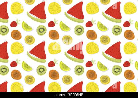 Motif sans couture coloré avec des fruits tropicaux dessinés à la main, y compris la pastèque, le kiwi, l'orange, le citron et la fraise sur fond blanc, illustr d'été Banque D'Images