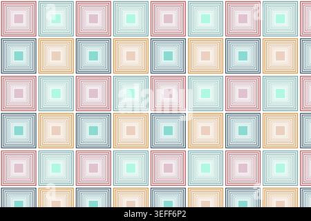 Motif géométrique sans couture coloré avec des carrés concentriques imbriqués dans des couleurs pastel sur fond blanc, illustration de style rétro Banque D'Images