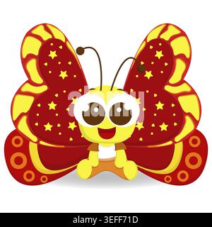 Papillon de dessin animé mignon avec des ailes rouges et jaunes à motifs d'étoiles et de grands yeux sur fond blanc, illustration vectorielle de personnage d'enfants joyeux Banque D'Images