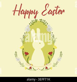 Carte de voeux joyeuses Pâques avec silhouette de lapin blanc à l'intérieur du cadre d'oeuf floral vert sur fond jaune, illustration vectorielle de vacances de printemps Banque D'Images