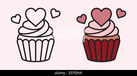 Cupcake sucré avec coeur topper dessert vecteur illustration bundle contenant le contour et les éléments graphiques de conception colorés Illustration de Vecteur