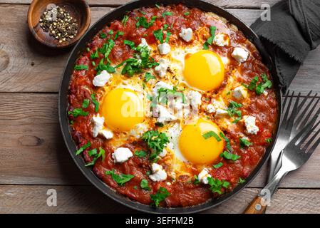 Shakshuka - oeufs pochés à la sauce tomate, nappés de feta et de persil. Shakshuka - petit-déjeuner méditerranéen Helthy détaillé de près, vue de dessus. Banque D'Images