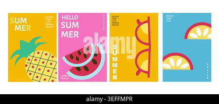 Affiche d'été lumineuse dans un style géométrique minimaliste. Arrière-plans typographiques pour les annonces de vacances d'été. Ensemble de couverture de vacances avec fruits tropicaux et lunettes de soleil. Illustration de Vecteur