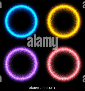 quatre anneaux d'énergie de néon vibrants avec effets de plasma électrique en bleu rouge violet et jaune à portail futuriste ou cadre de science-fiction sur des fonds sombres Illustration de Vecteur