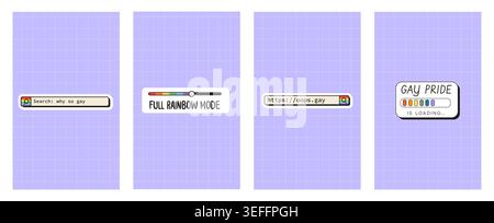 Ensemble de bannières verticales Pride Month avec des éléments rétro de l'interface utilisateur de l'ordinateur sur fond de grille. modèles d'histoires de médias sociaux esthétiques des années 90 avec recherche arc-en-ciel Illustration de Vecteur