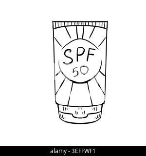 Vecteur d'art de ligne noir et blanc d'un tube de protection solaire avec étiquette SPF 50 et rayons du soleil. Illustration d'été minimaliste pour liste de contrôle de plage, soins de la peau Illustration de Vecteur