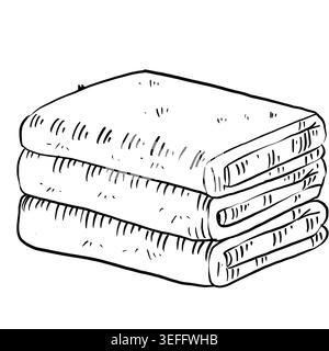 Vecteur d'art de ligne noir et blanc d'une pile de trois serviettes pliées. Illustration textile minimaliste pour menu spa, marque d'hôtel, décor de salle de bain Illustration de Vecteur