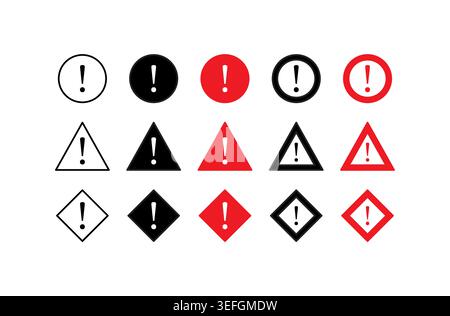 Ensemble d'icônes vectorielles d'avertissement avec signe d'exclamation, panneaux d'avertissement circulaires et triangulaires indiquant des risques Illustration de Vecteur