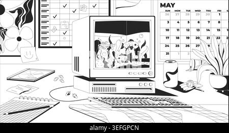 Rétro ordinateur bureau aquarium lo fi line illustration Illustration de Vecteur