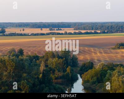 Vue aérienne du paysage rural avec des champs dorés, des forêts denses et une rivière sinueuse sous la lumière douce du soir Taujenai, comté de Vilnius, Lituanie. Banque D'Images