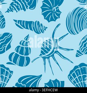 Motif marin sans couture avec coquilles. Fond bleu clair avec des silhouettes bleues de coquillages et de mollusques. Ocean print pour textiles, papier, emballage Illustration de Vecteur