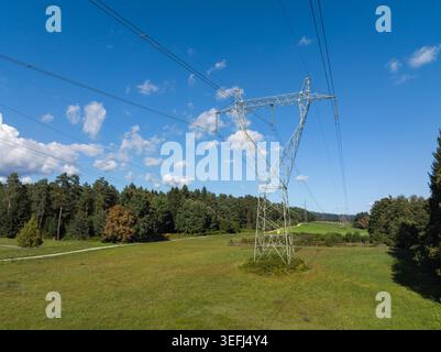 Les lignes électriques et les tours de transmission s'étendent au-dessus d'un champ vert avec des arbres et un ciel bleu clair en arrière-plan. Banque D'Images