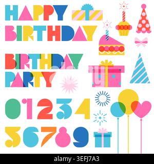 Joyeux anniversaire partie éléments de conception ensemble avec des numéros de texte boîtes cadeaux ballons gâteau cupcake et chapeau. Illustration vectorielle géométrique plate colorée pour g. Illustration de Vecteur