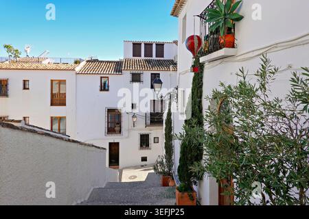Maisons blanchies à la chaux dans la rue de la vieille ville d'Altea. Architecture dans la petite ville pittoresque d'Altea, province d'Alicante, Communauté valencienne, Espagne Banque D'Images