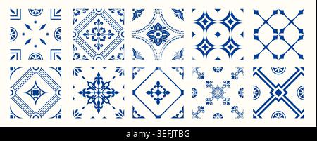 Set de 10 tuiles azulejos en bleu. Tuiles méditerranéennes, motifs sans couture. Ornements traditionnels espagnols, siciliens, portugais, italiens. Vecteur Illustration de Vecteur